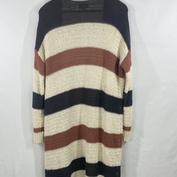 Knox Rose Cardigan Duster Sweater Size M Open Front Striped Gray Cream Pink - Picture 7 of 11